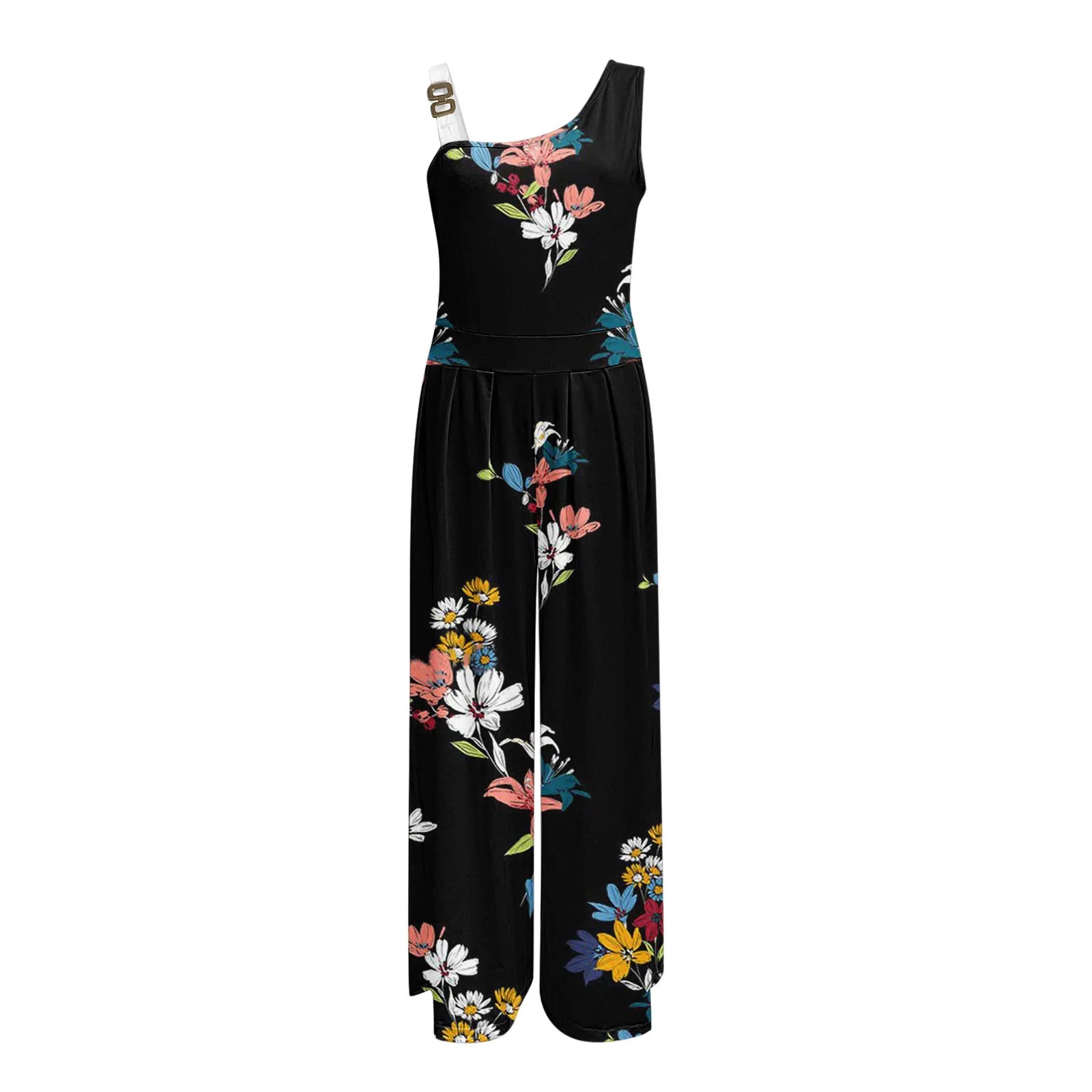 Women Boho Floral Print Rompers Sexy Button High Waist Tank Wide Leg Jumpsuit Soild Color Plus Size Wide Leg Overall For Women