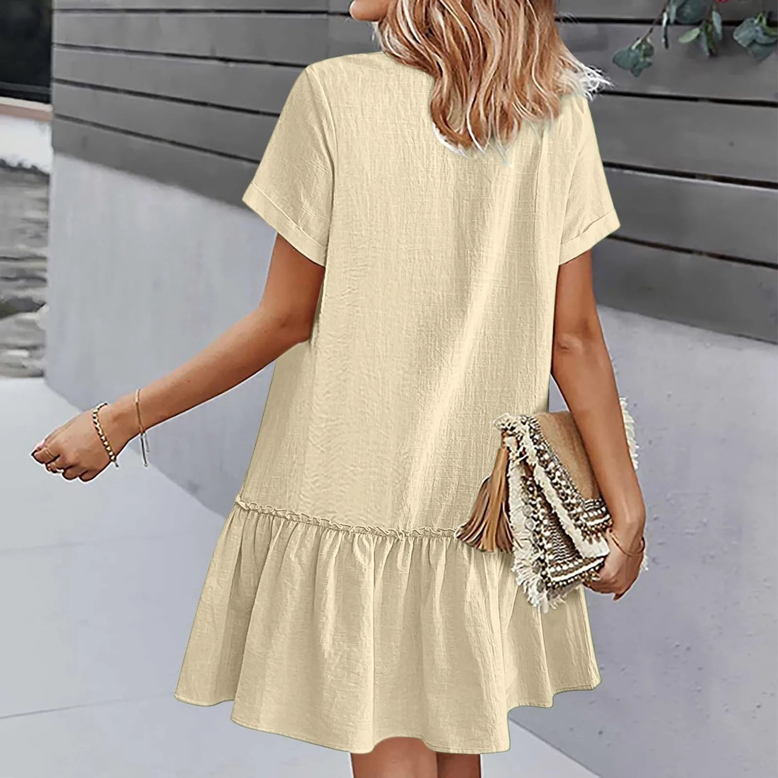 Women Button Down Short Dresses Summer Cotton Linen Loose Ruffle Dress Streetwear Short Sleeve Casual Tunic Dress Y2k Clothing