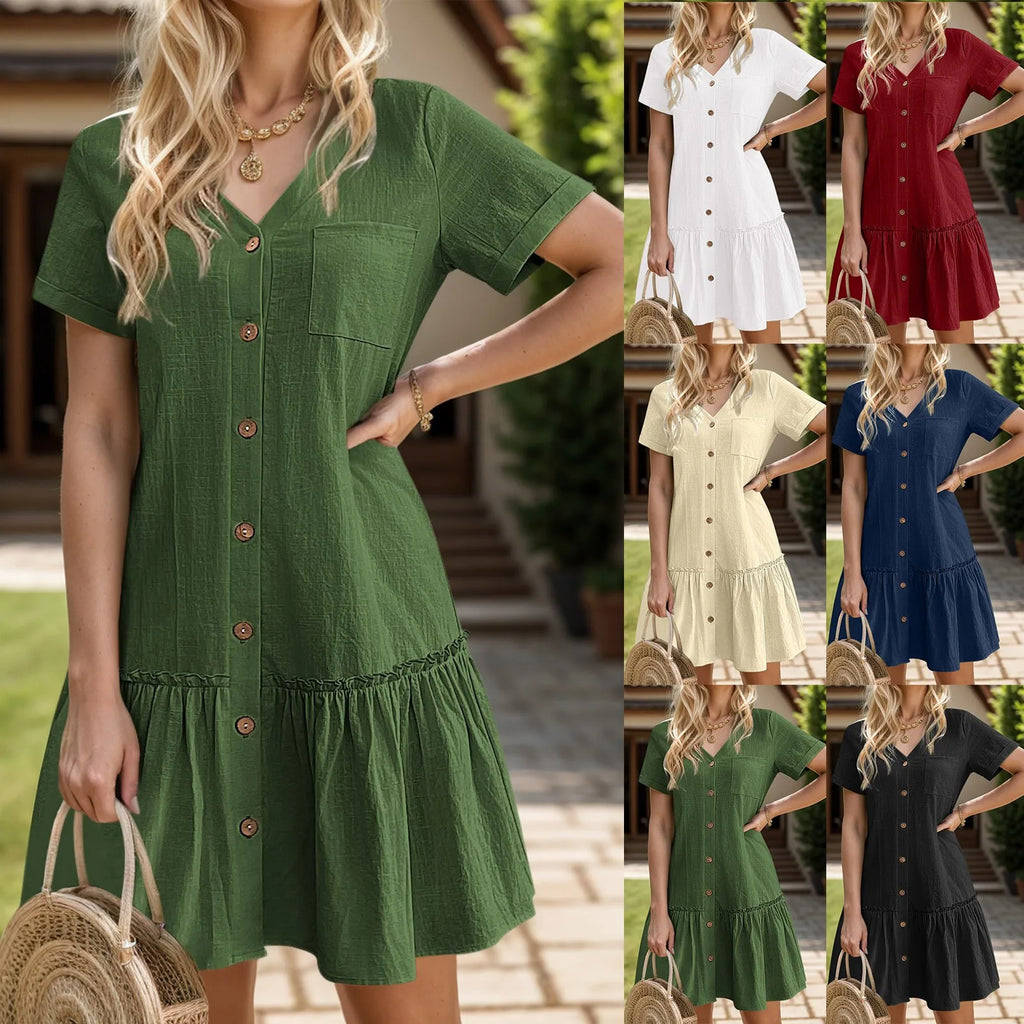Women Button Down Short Dresses Summer Cotton Linen Loose Ruffle Dress Streetwear Short Sleeve Casual Tunic Dress Y2k Clothing