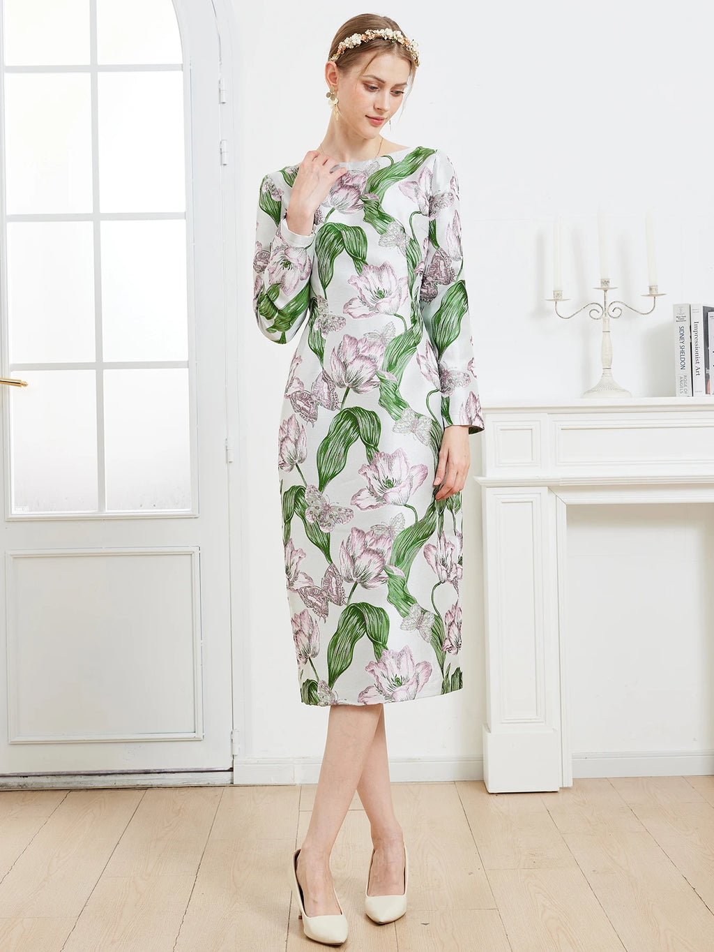 Luxury Tulip 3D Jacquard Dress Long Sleeve Sexy Slim Fit Bodycon Skirt Elegant Light Mature Style Formal Gown
