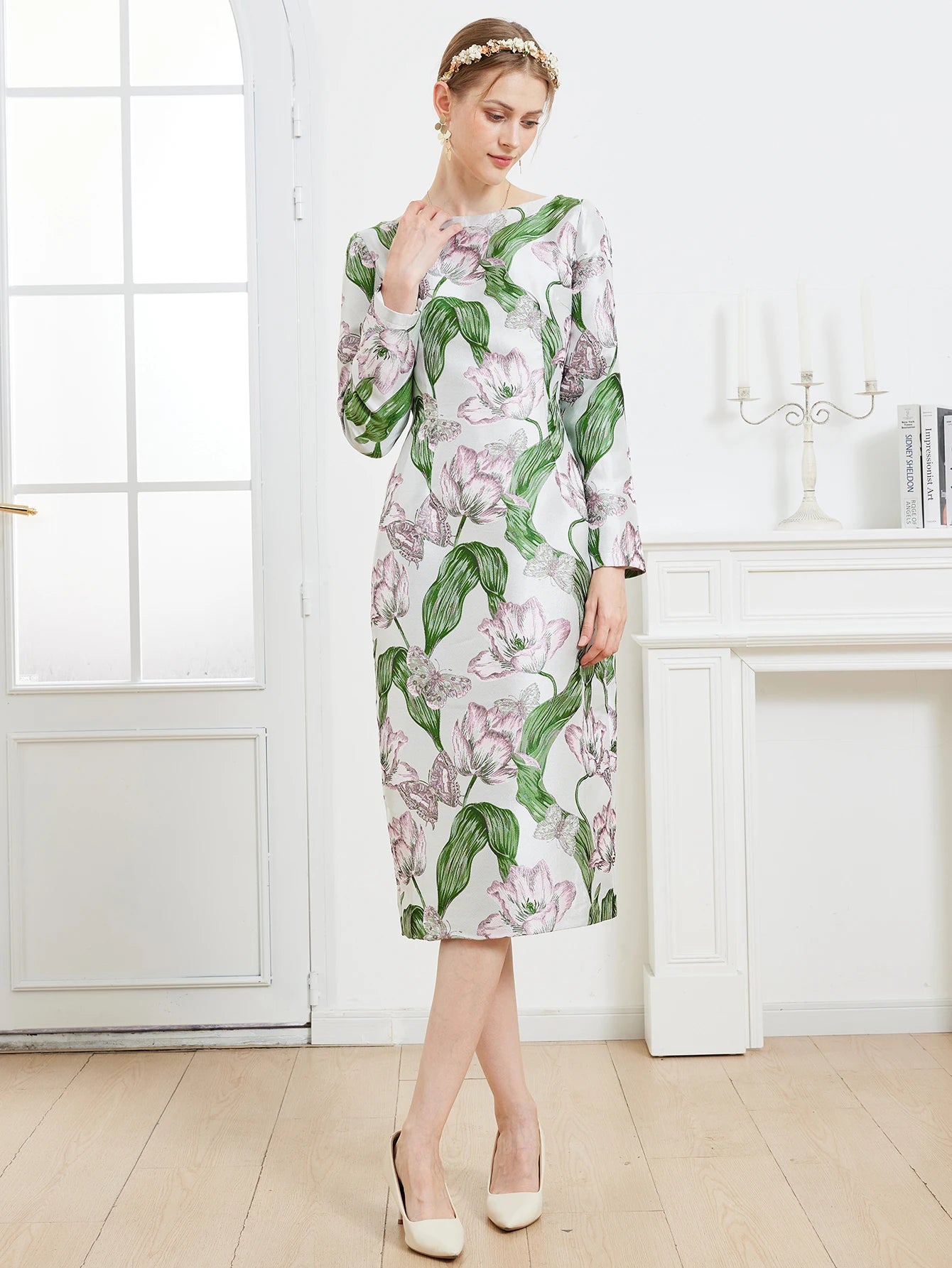 Luxury Tulip 3D Jacquard Dress Long Sleeve Sexy Slim Fit Bodycon Skirt Elegant Light Mature Style Formal Gown