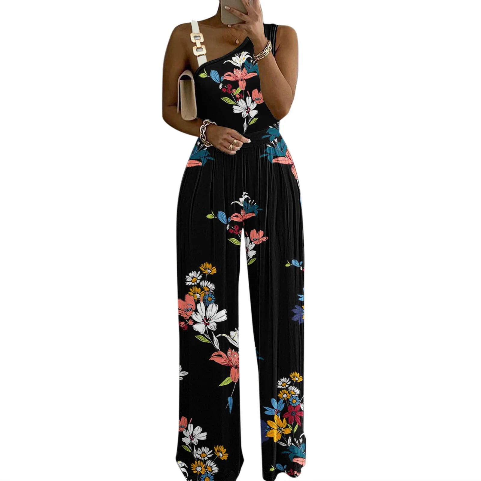 Women Boho Floral Print Rompers Sexy Button High Waist Tank Wide Leg Jumpsuit Soild Color Plus Size Wide Leg Overall For Women