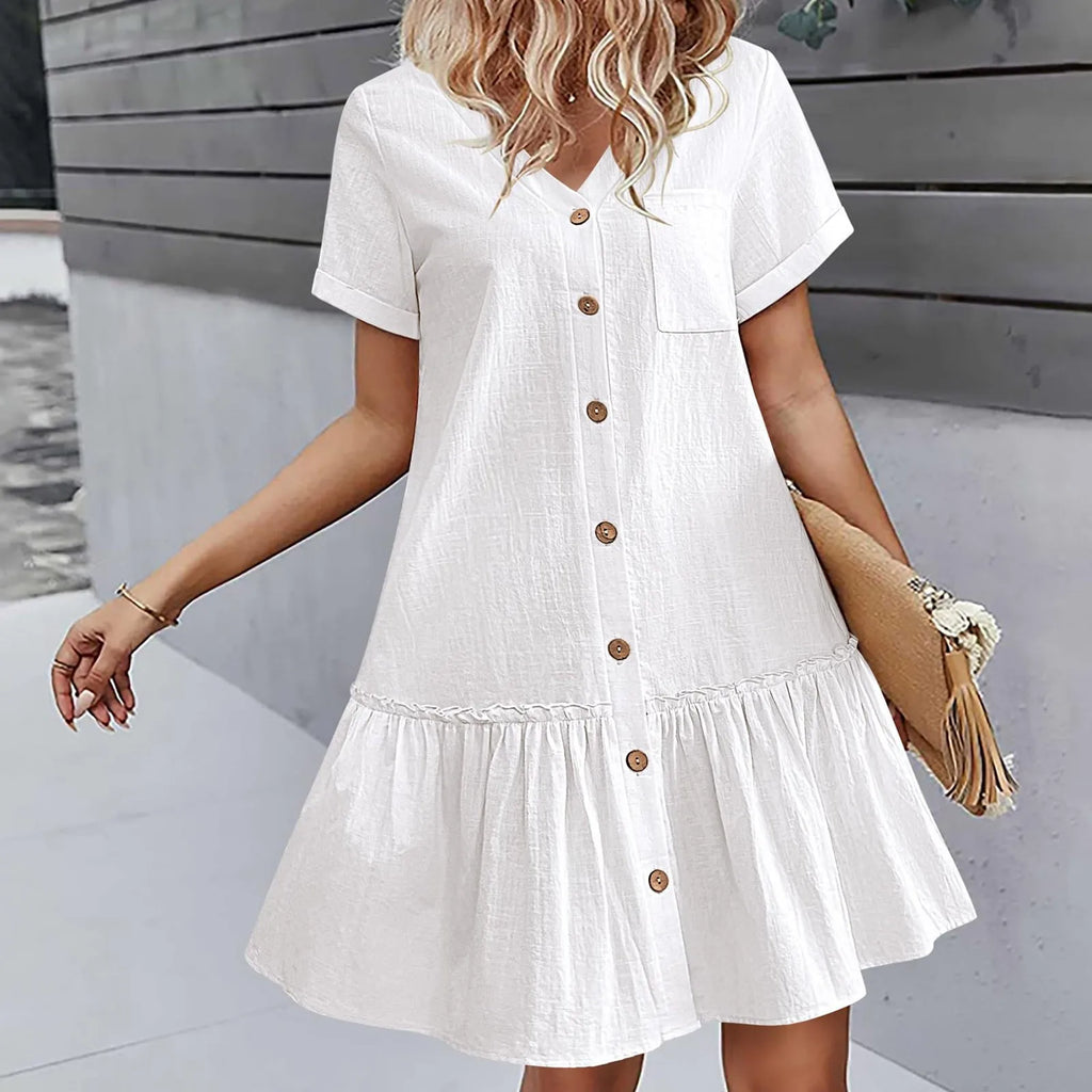 Women Button Down Short Dresses Summer Cotton Linen Loose Ruffle Dress Streetwear Short Sleeve Casual Tunic Dress Y2k Clothing