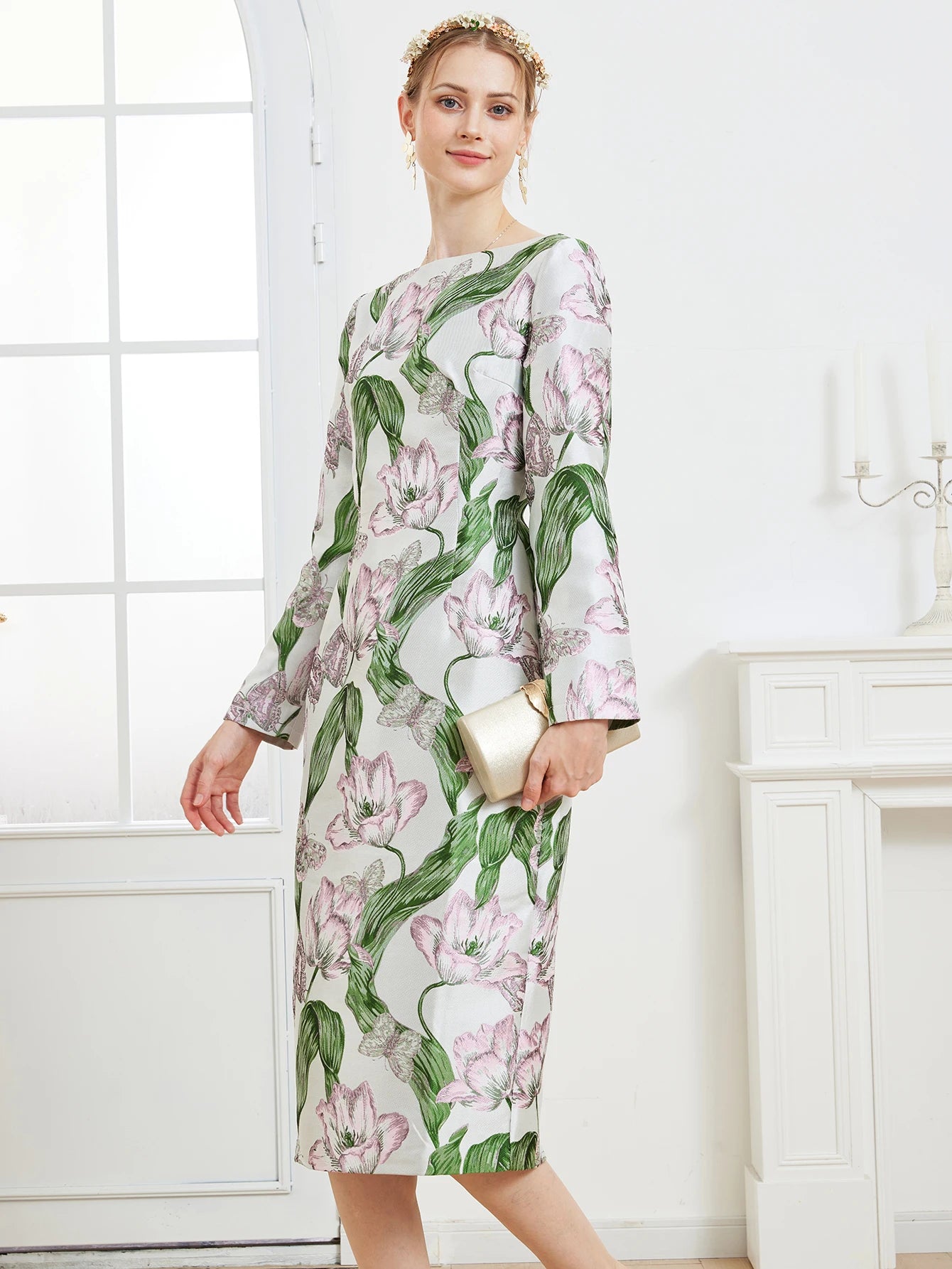 Luxury Tulip 3D Jacquard Dress Long Sleeve Sexy Slim Fit Bodycon Skirt Elegant Light Mature Style Formal Gown