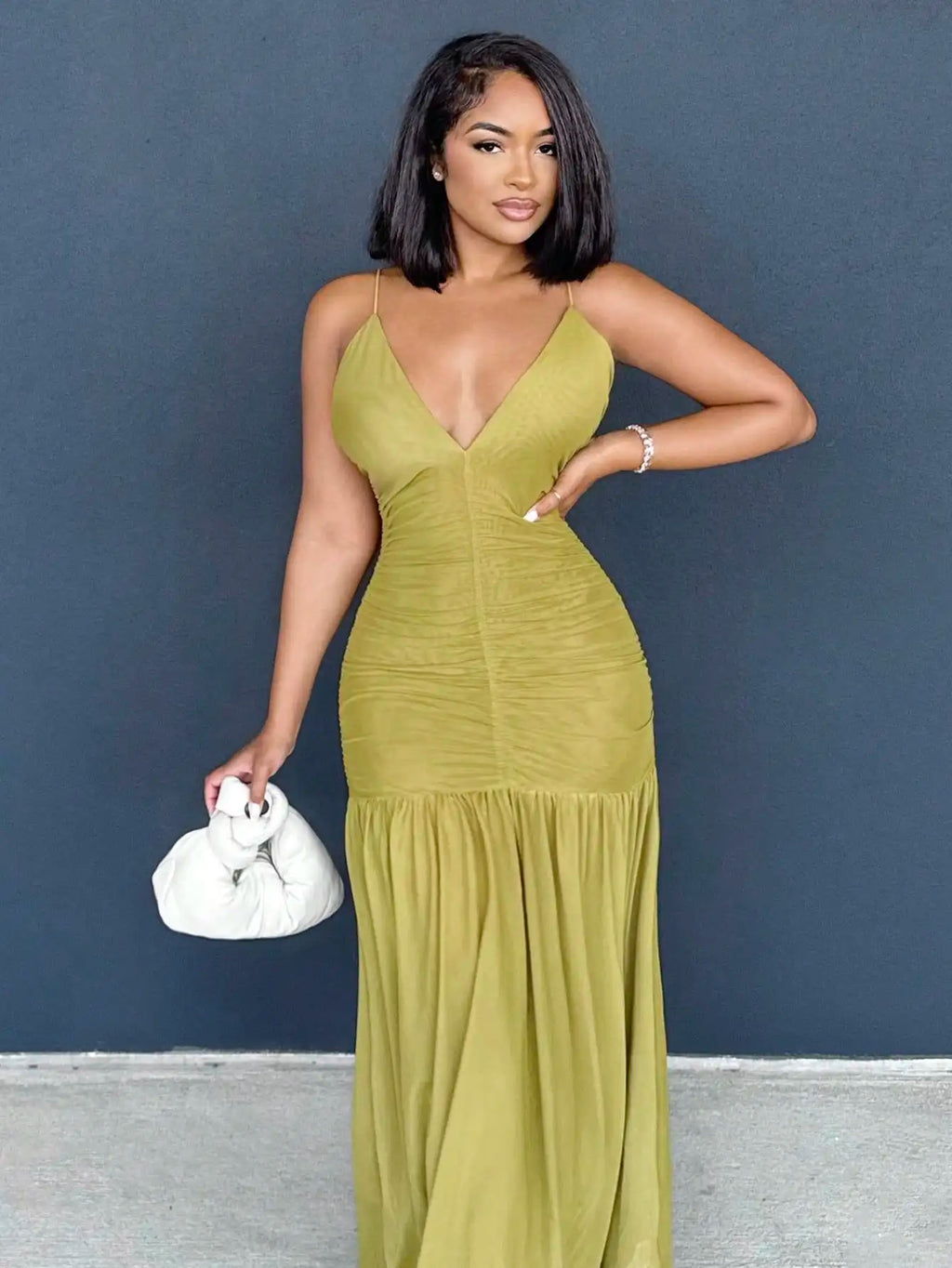 Ruched Front Deep V Neck Floor Length Maxi Dress For Vacation Wedding Party